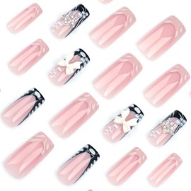 Medium Square Press on Nails Bow Fake Nails Black French Tip False Nails Press ons with 3D Bow Star Pearls Designs Reusable Acrylic Nails Full Cover Artificial Stick on Nails for Women Manicure 24Pcs