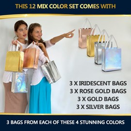 Nush Nush Luxury Reusable Gift Bags Bulk - 12 Mix Color Set with 3 Gift Bags - Rose Gold, Silver, Iridescent & Gold - Birthday, Party Favor, Medium - 8X4X10