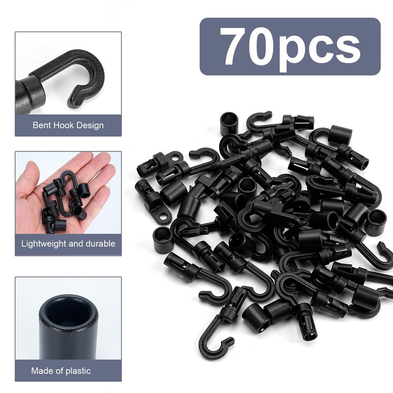 70 PCS Bungee Shock Cord Hooks Black Plastic Rope Terminal