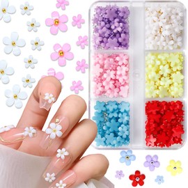 3D Flower Nail Charms, 6Colors 3D Acrylic Flower Nail Rhinestones with Gold Silver Pearl Caviar Beads Spring Flores Nail Art Design for DIY Decoration