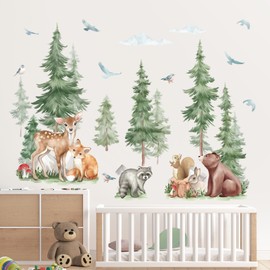 wondever Mountain Tree Wall Stickers Large Pine Tree Forest Animal Bear Fox Peel and Stick Wall Art Decals for Baby Room Nursery Kids Bedroom Decor