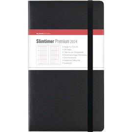 Slimtimer Premium Black 2024 - Pocket Calendar 9 x 15.6 cm - with Closure Strap & Folding Pocket - Balacron Cover - Weekly - 128 Pages - Alpha Edition
