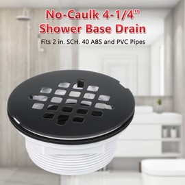 Enhon 4-1/4" OD Shower Drain Assembly, Snap in Shower Base Drain and Matte Black Round Grid Strainer Cover, Fits 2 in. Schedule 40 ABS and PVC Pipes, Stainless Steel Cap, ABS Drain Base