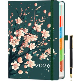 2026 Diary A5 Day per Page, Full-Year Planner (Jan - Dec 2026) Daily & Monthly Planner with Colorful Monthly Tabs, Elastic Pen Holder, 2 Bookmarks, Pen Loop & Inner Pocket, Dark Green.
