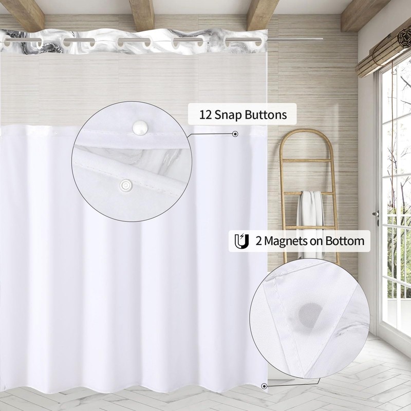 MitoVilla No Hooks Required Grey Shower Curtain Set with Snap-in