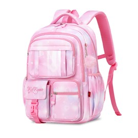 Tanou School Bags for Girls, Kawaii Backpack for School Girl age 8 to 12, Breathable Water-resistent Nylon Children's Backpacks with Pendant, Pink