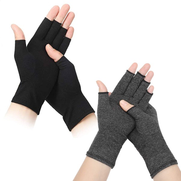 2 Pairs of Arthritis Gloves, Unisex Print Fingerless Gloves, Breathable Joint Pain Relief Gloves for Men, Women, Supports Hands, Finger Joints, Keep Warm (Black, Grey)