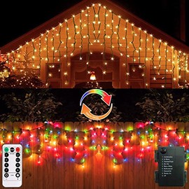 Icicle Lights Color Changing - Battery Operated 102 LED Fairy Lights 10 Ft with Remote Waterproof Green Cable Curtain Fairy Lights for Bedroom Xmas Holiday Party Decorations (Warm White & Multi-color)