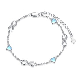 Flpruy Infinity Bracelet Anklet Women's Sterling Silver Infinity Three Hearts Moonstone / Blue Opal / Black Agate / Water Grass Agate / Turquoise Bracelets Anklet Christmas Gift for Her, Moonstone