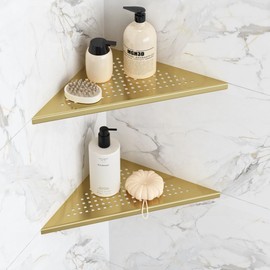 Qeke Corner Shower Shelves, 10” Recessed Tile Shower Shelf Brushed Golden, 304 Stainless Steel Grout in Corner Tile Shower Shelves, No Drilling, 2 Pack