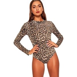 SXME MIGHT SAY Women's Turtleneck Bodysuit - Stretchy Long-Sleeve Leotard Top, Sizes Ranging from 8 to 26 (M/L (12-14), Brown Leopard, 8-26)