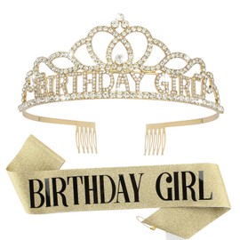 CIEHER Birthday Girl Sash and Birthday Crown Gold Birthday Tiara for Women Birthday Girl Headband Princess Crown Gold Birthday Decorations Birthday Crown and Sash Rhinestone Happy Birthday Accessories