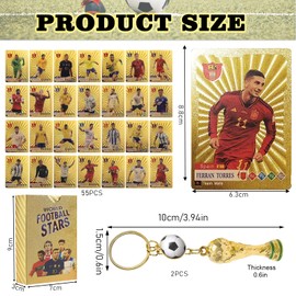 Fußball Star Karte, 55pcs Goldfolien Karten Fußballkarten 2 Stücke Fußball Schlüsselanhänger, Fussball Sammelkarten Packs and Sets FußBallkarten Saison Geeignet für Geburtstagskollektion