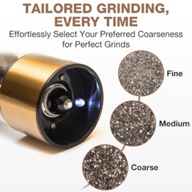 Eparé Brass Salt and Pepper Mill - Battery Operated Gold Pepper Grinder with Ceramic Burr - Automatic Steel Peppermills With LED Light - Gold or Brass Color