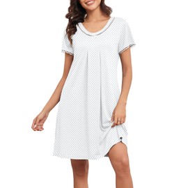 PrinStory Womens Nightgown Short Sleeve Nightshirt Casual Sleepwear for Women White Blue Dots-XL