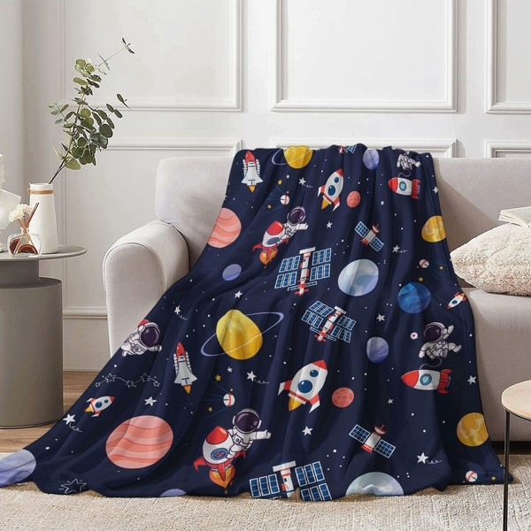 Space Children's Blanket, 130 x 150 cm, Fluffy Fleece, Space Astronaut Cuddly Blanket for Boys, Soft Rocket Planet Blanket, Children's Blanket for Teenagers, Birthday Gifts, Sofa, Couch Decoration