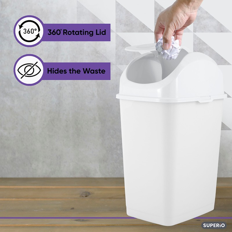 Superio Small 2.5 Gallon Plastic Trash Can with Swing Top