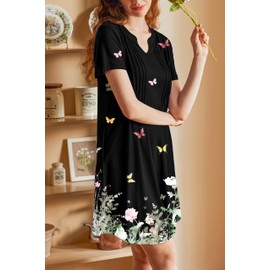 Ekouaer Nightgowns for Women Short Sleeve Night Gown Pleated Sleepshirt V Neck Nightshirt Soft Sleepdress with Pockets Black Butterfly XX-Large