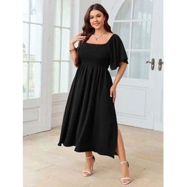 SHESTARR Women's Plus Size Dress Short Sleeve Square Neck Smocked Side Split Flowy A Line Long Maxi Dress Black