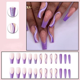 DOUBNINE 24PCS Press On False Nails Long Coffin Ballerina Gradient Fake Nails Purple Pink Swirl Polish Acrylic Full Cover Bling False Nails for Women