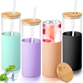 FillTouch 4 Pack Glass Tumbler with Silicone Protective Sleeve Iced Coffee Cups with Lids Straw Glass Smoothie Cup Water Bottle for Home Outdoor(Blessed Blue, Light Purple, Amber, Black, 24oz)
