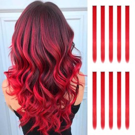 KHDULQ Pack of 10 Hair Strands for Braiding, Clip-In Extensions, Hair Strands for Clip-in, Hair Strands, Hairpiece, Red Party Highlight, Coloured Hair Strips, Cosplay Gift