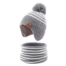 Zsedrut Kids Winter Knitted Hat Scarf Earflap Pompom Beanie Cap for Girls Boys Thick Warm Toddler Hats (Grey Stripe Hat+Scarf, 2-4Y)