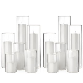 Shihanee Set of 12 Pillar Candles and Glass Cylinder Vases Assorted Sizes Cylinder Holders for Pillar Candles Home Table Centerpieces Wedding Party Decorations (White)