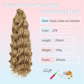 MLETULIPS Curly Crochet Braiding Hair Extensions Deep Wave Braiding Hair Ocean Wave Crochet Hair Soft Synthetic Bohemian Curly Water Wave Crochet Braids for Women (27#, 20 inch/3 pack)
