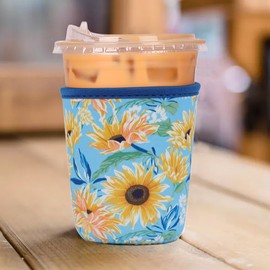 Reusable 3-Pack Iced Coffee Cup Sleeve, Insulated Neoprene, Beverage Holder for iced coffee, Durable Drink Sleeve for Cold Beverages, Sunflower Smile