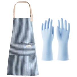 BaiDekun Chef Kitchen Aprons Rubber Cleaning Gloves Set: Adjustable Apron with Pocket, Durable for Cooking, Cooking, Gardening