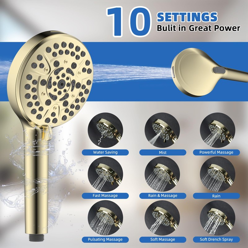 All Metal Shower Head, 10" High Pressure Rainfall/Handheld Shower Combo