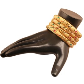 NEW Touchstone "Golden Bangle Collection" Indian Bollywood Desire Beautifully Carved Conch Shell Inspired Faux Ruby Emerald Thick Designer Jewelry Bangle Bracelets. Set of 4. In Gold Tone For Women