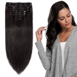 Clip in Hair Extension Human Hair Full Heal Real Remy Hair Extensions Standard Weft 8 Pieces Straight (16"-90g, 1B Natural Black)