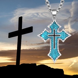 Hantuorui Turquoise Cross Necklace for Men 925 Sterling Silver Blue Turquoise Cross Pendant Necklace Turquoise Jewelry for Men Women 22" to 24" Chain
