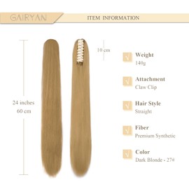 Gairyan 60 cm Ponytail Hairpiece Braid Extensions Long Straight Clip Claw Clip-In Ponytail Extensions Synthetic Hair Extensions Straight Hairpiece Hair Extension for Women (Dark Blonde)