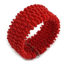Avalaya Fancy Red Glass Bead Flex Cuff Bracelet - Adjustable