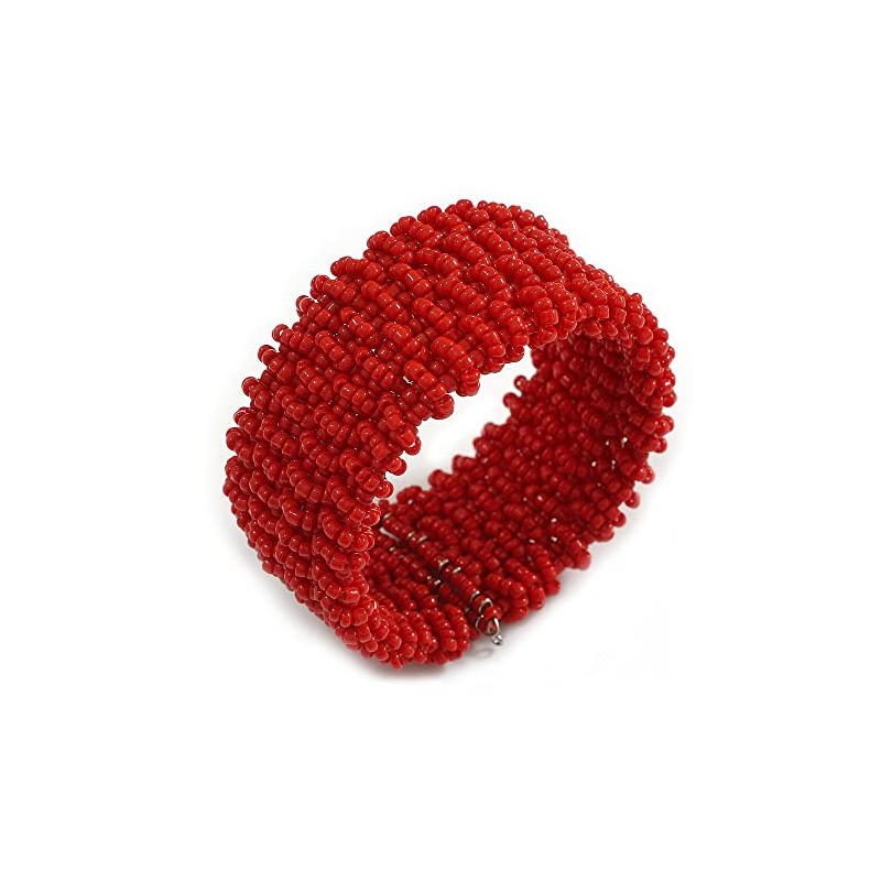 Avalaya Fancy Red Glass Bead Flex Cuff Bracelet - Adjustable