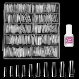 Gel Nail Tips Set, Venares 500 Pieces Half Tips for Gel Nails, Transparent, 10 Sizes Nail Tips Set with Glue, Half Nail Tips, Nail Tips Set with Glue and Box