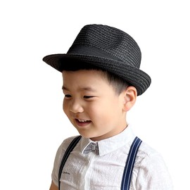 Straw Fedora Sun Hat for Kids Roll Up Short Brim Trilby Hat Panama Beach Hat…, Black, Small