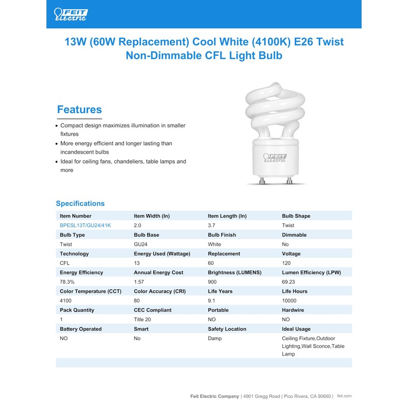 Feit Electric 60W Equivalent CFL Twist Light Bulb on GU24