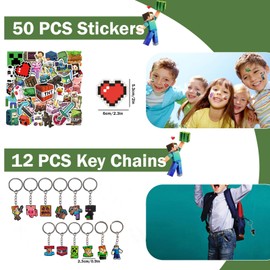 KEVRDRT Miner Video Game Party Bags, Miner Children's Birthday Party Favours, Pixel Party Bags, Children with Game Bracelets, Gift Bags, Notebook, Sticker, Key Fob, Badge, Pack of 116