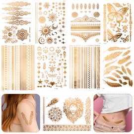 Oruola 9Sheets Gold Temporary Tattoos,110+ Designs Fake Tattoos,Flash Gold Temporary Tattoos Women Adult,Glitter Freckles Face Tattoo for Festival Vacation Makeup Rave,Waterproof, Realistic Last Long