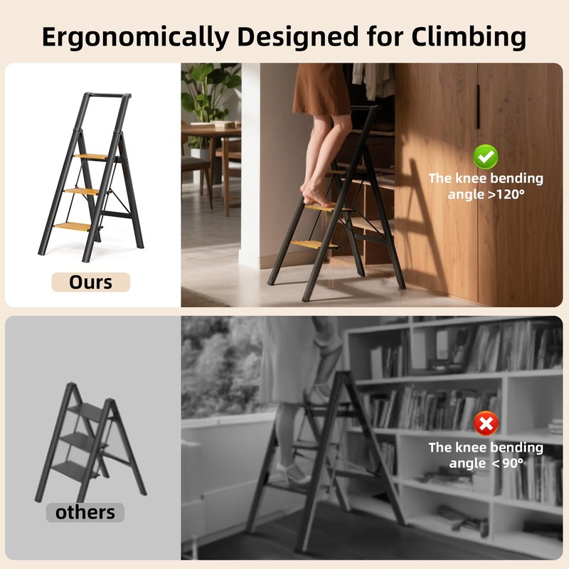 SOLADDER 3 Step Ladder with Handrails, Lightweight Aluminium Folding Step