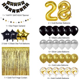 28th Birthday Decorations Black and Gold, Happy Birthday Banner, Number 28 Birthday Balloons, 28 Years Old Birthday Decoration Supplies