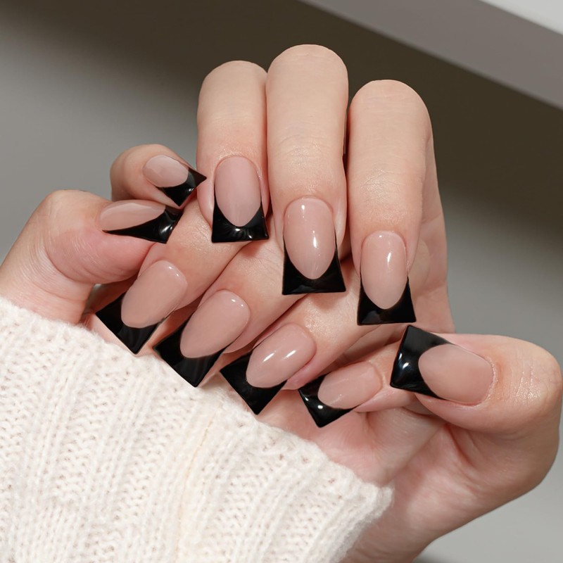 SXVME Black French Tip Press On Nails Medium - Summer