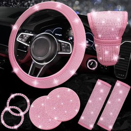 NBTEPEM 8 pcs Bling Car Accessories Set for Women, Bling Rhinestone Diamond Steering Wheel Cover, Sparkly Seat Belt Covers, Bling Gear Shift Cover, Universal Fit Most Cars (All Pink Diamond)