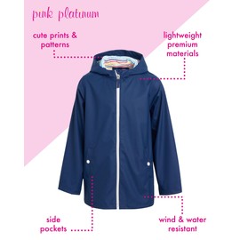 Pink Platinum Girls Rain Jacket - Lightweight Full Zip Up Hooded Wind and Water-Resistant Raincoat for Girls (Sizes: 7-16), Size 10-12, Navy