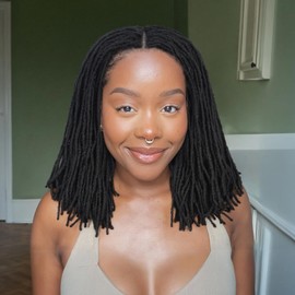 Lday Hanne Micro Dreadlock Full Lace Wigs for Black Women Short Faux Locs Lace Frontal Wigs With Baby Hair Knotless Twist Dreadlock Synthetic Black Hair 14Inch