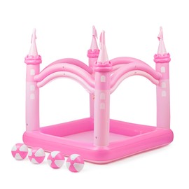 Teamson Kids Giant Inflatable Pink Castle Wading Pool & Sprinkler for Kids (Beach Balls Included)